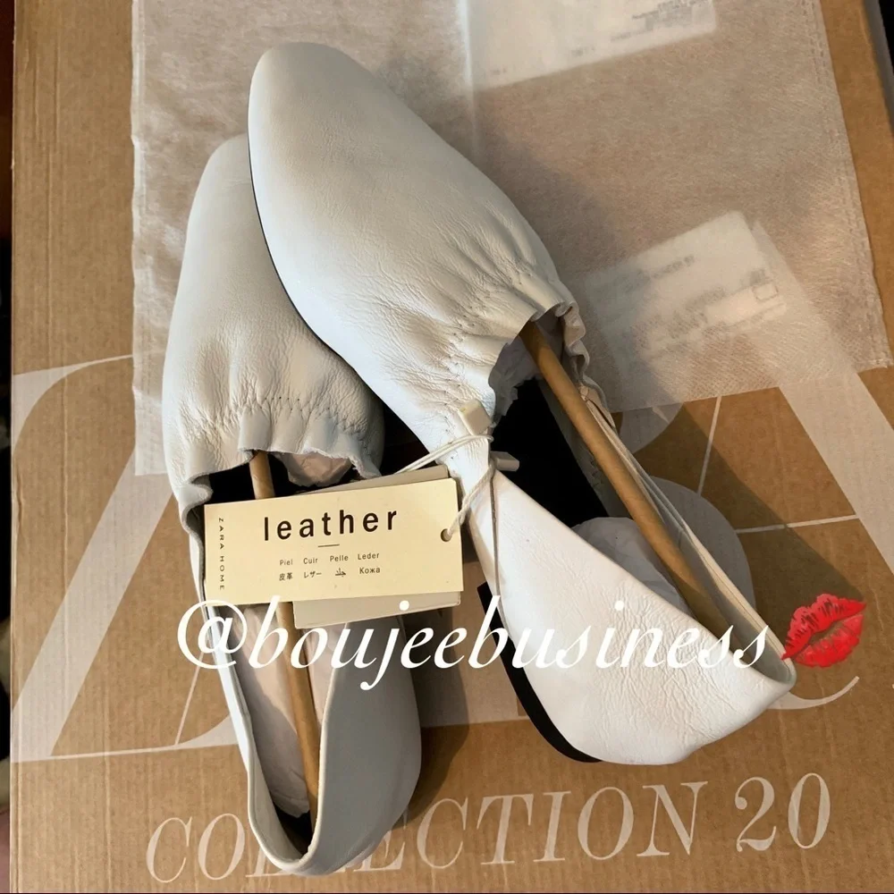 ZARA White Leather Babouches with Ruffle Trim